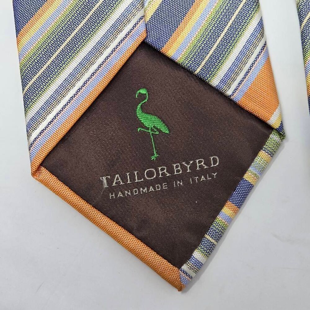 TAILORBYRD HANDMADE ITALY SILK TIE PASTEL ORANGE GREEN BLUE STRIPE 4" X 60" - Picture 3 of 3
